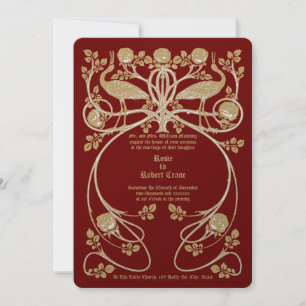 Grues Art Nouveau en Faire-part de mariage Rose Bu