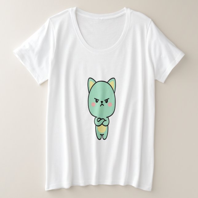Grumpy Mint Cat – Cute Kawaii Cartoon T-Shirt (Design devant)