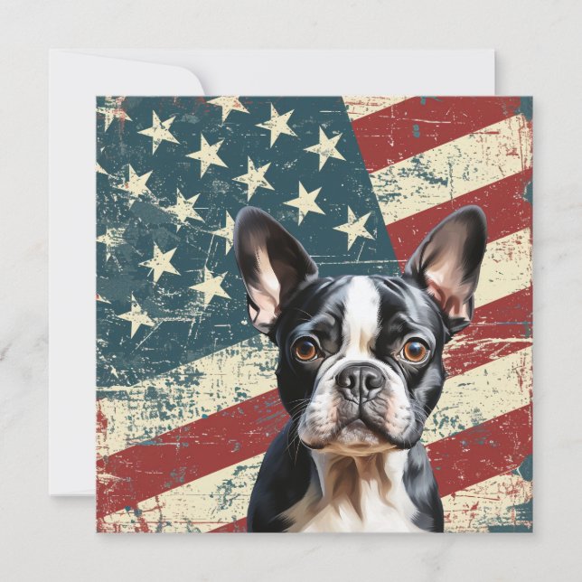 Grunge American Flag Boston Terrier Dog Flat Card (Devant)