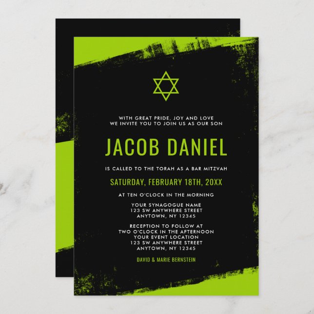 Grunge Lime Green Black Bar Mitzvah Invitations (Devant / Derrière)