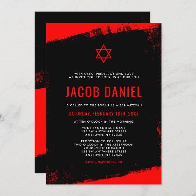 Grunge Red Black Bar Mitzvah Invitations (Devant / Derrière)