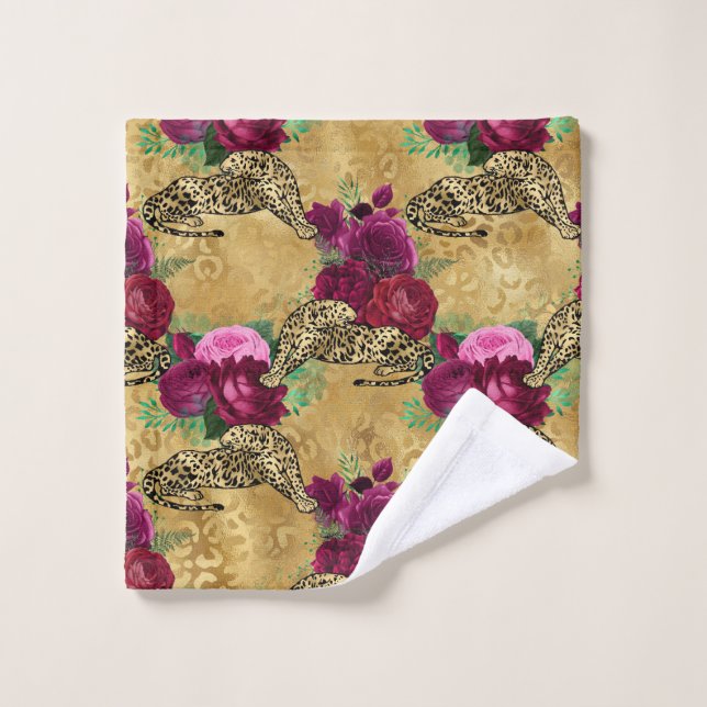 Guépard Léopard Rose Rouge Floral Fleur Motif (Gant de toilette)