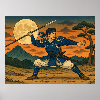 Guerrier Japonais à la Lance Affiche Pleine Lune
