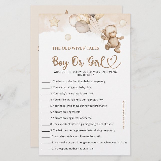 Guess Boy Ou Girl Tales Baby Bear Baby shower (Devant / Derrière)