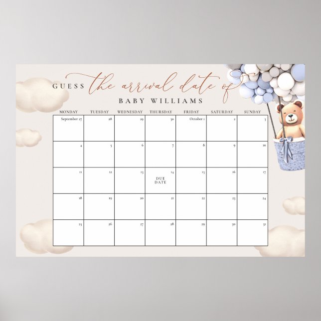 Guess The Due Date Calendar Blue Grey Bear Poster (Devant)