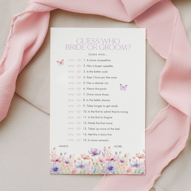 Guess who Bride or Groom Floral Bridal Shower Game (Guess who Bride or Groom? Wildflower butterfly Bridal Shower Game)