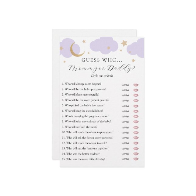 Guess Who Mommy or Daddy Baby Shower game card (Devant/Arrière en situation)