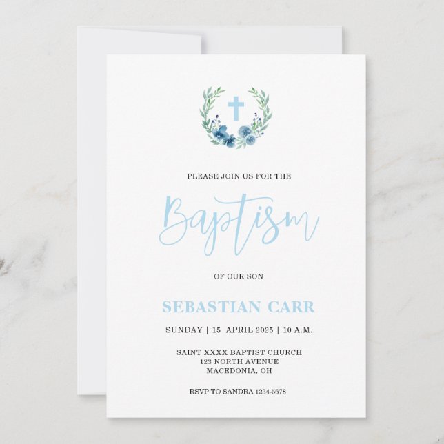Guirlande Bleue Floral Boy Invitation Baptême (Devant)