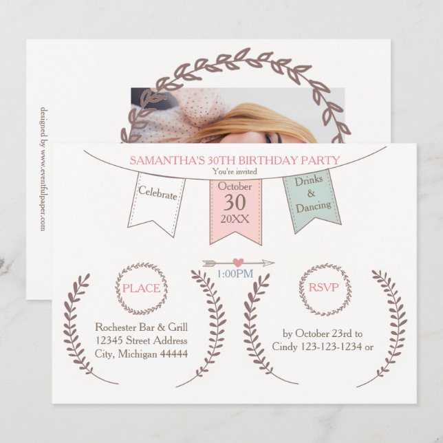 Guirlande élégante - Invitation à une fête d'anniv (Devant / Derrière)