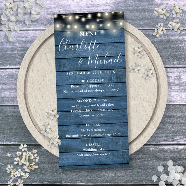 Guirlande Lumineuse Menu de Mariage Bois Rustique  (String Lights Rustic Blue Wood Wedding Menu)