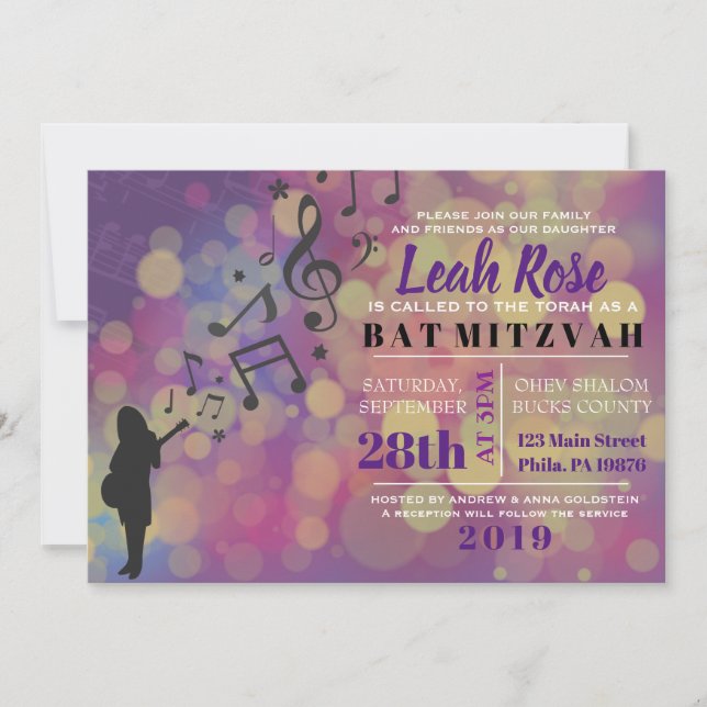 Guitar Girl Bat Bar Mitzvah Invitation (Devant)