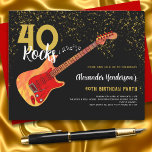Guitare 40e anniversaire Parties scintillant d'or<br><div class="desc">Moderne 40 Rocks rock and roll or parties scintillant 40ème anniversaire invitations budget de fête avec une guitare électrique cool avec motif flamme orange et garde-pick rouge et détaille l'art de la guitare et des notes musicales illustration avec personnalisation de la typographie moderne de calligraphie noir et or. Ce modèle...</div>