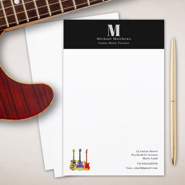 Guitare Enseignant Musique Leçons Custom Business (Guitar music teacher custom business stationary)