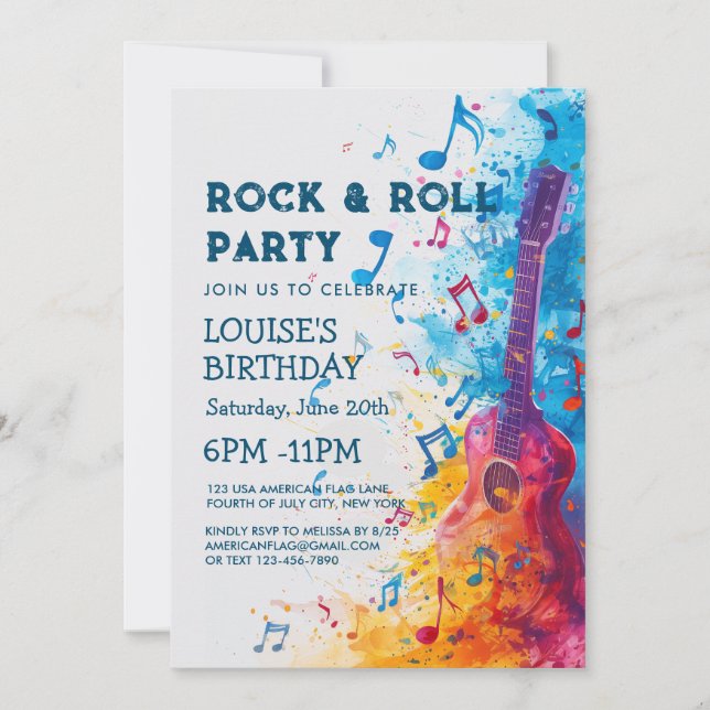 Guitare et notes Rock and Roll Party Invitation (Devant)