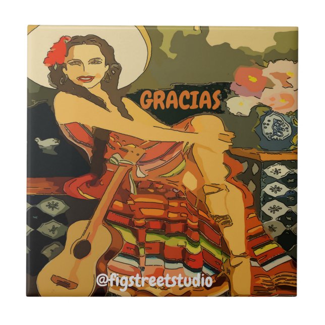 Guitare flamenco femme, ajouter du texte, Carreaux (Devant)