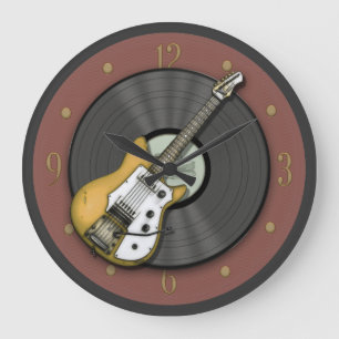 Guitare jaune vintage et horloge murale vinyle