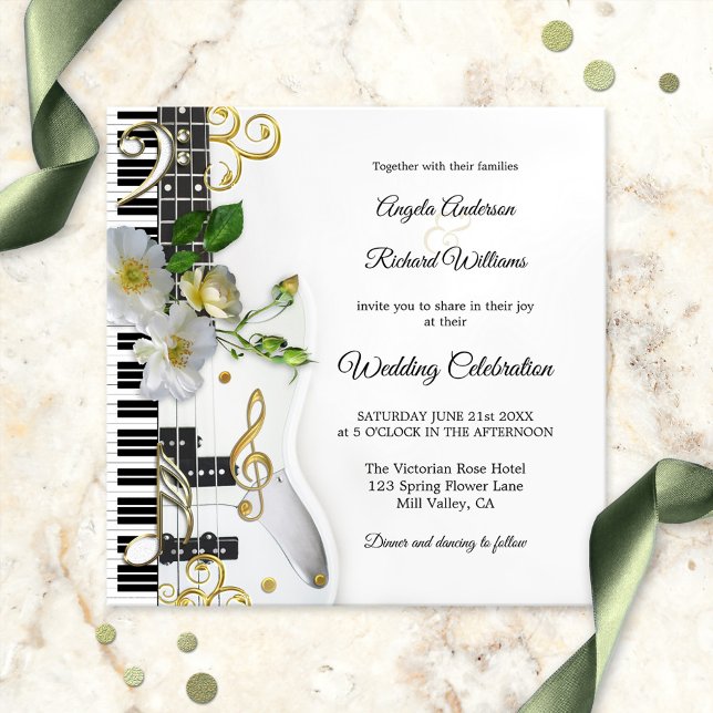 Guitare Piano Musique Faire-part de mariage à thèm (Music themed wedding invitation showing fresh roses and golden musical notes on a guitar + keyboard)