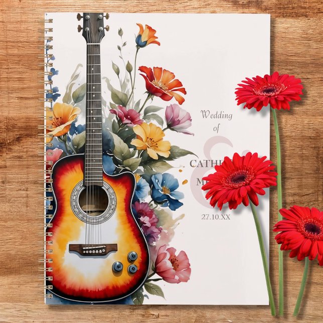 Guitare Wildflower Esperluette Mariage Musical (Flat lay guitar wedding planner with modern elegant watercolor floral cottage garden Wedding Planner)