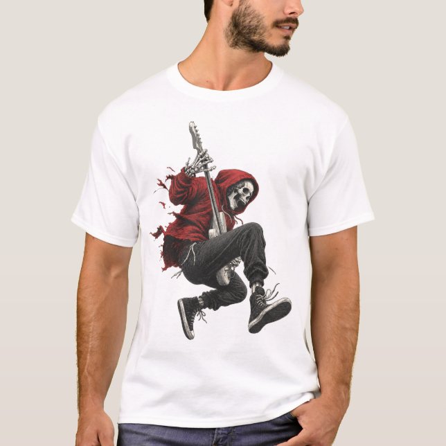 Guitariste squelette en sweat à capuche rouge en r (Devant)
