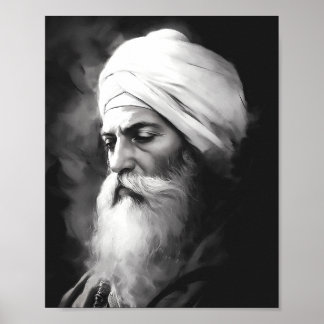 Guru Nanak Portrait - Poster sikh noir et blanc