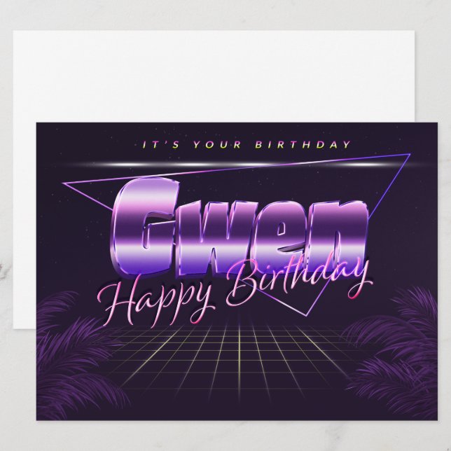 Gwen prénom nom carte rétro lilas anniversaire (Devant / Derrière)