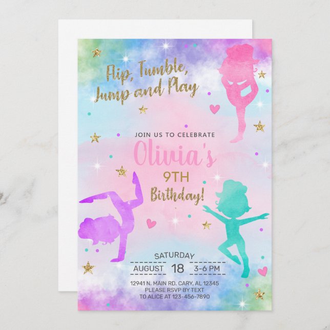 Gymnastique fille invitation d'anniversaire or aqu (Devant / Derrière)