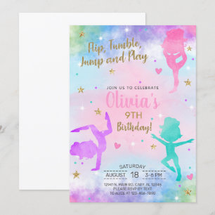 Gymnastique fille invitation d'anniversaire or aqu