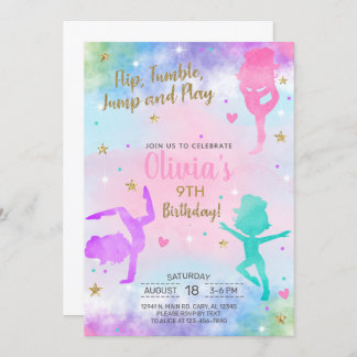 Gymnastique fille invitation d'anniversaire or aqu