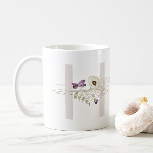 H initial avec fleur de couleur douce Café Mug (Avec donut)