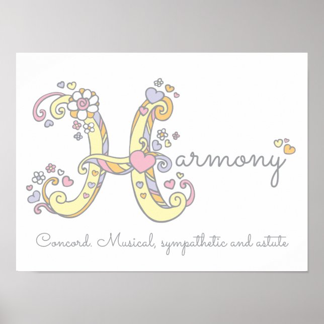 H monogram art Harmony girls name meaning poster (Devant)