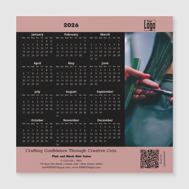Hair Salon Pink Black 2026 Calendar Magnet (Devant)