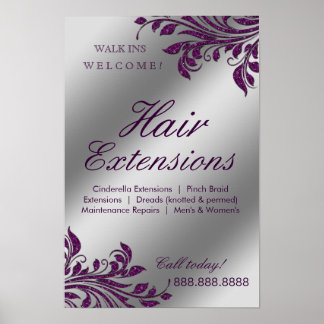 Hair Salon Poster Silver Purple Leaves Sparkle