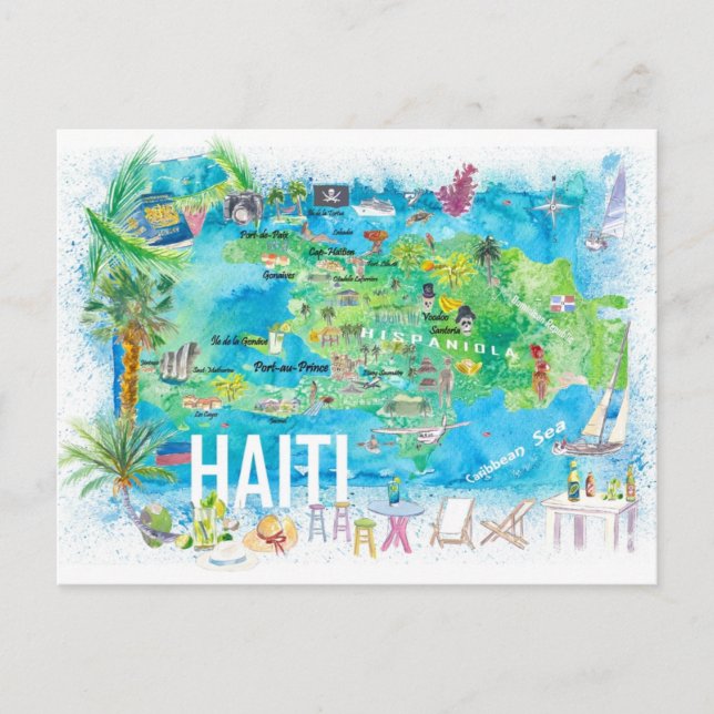 Haïti Carte illustrée des voyages à l'île avec rou (Devant)