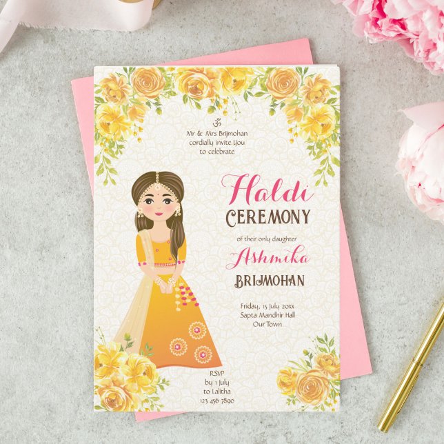 Haldi Invitation avec une jolie fille roses jaunes (Créateur téléchargé)