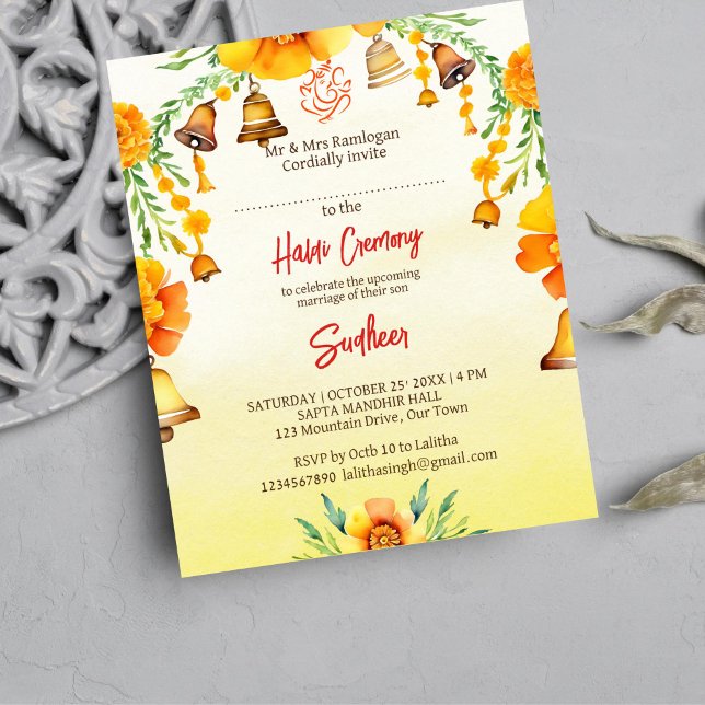 Haldi marigolds sonne invitation du budget mariage (Haldi template invitation digital download Indian wedding whimsical bells marigolds garlands Ganesha)