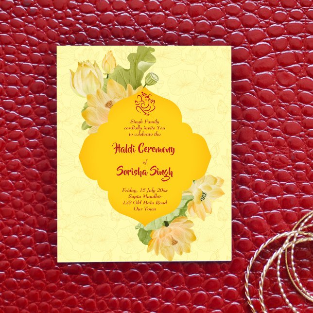 Haldi pithi jaune lotus fleurs budget invitation (Créateur téléchargé)