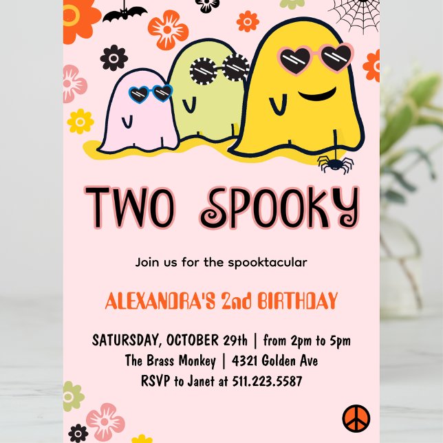 Halloween 2e anniversaire Invitations Deux Éffraya (Halloween-2nd-Birthday-Invitations-Two-Spooky-groovy-pink-1)