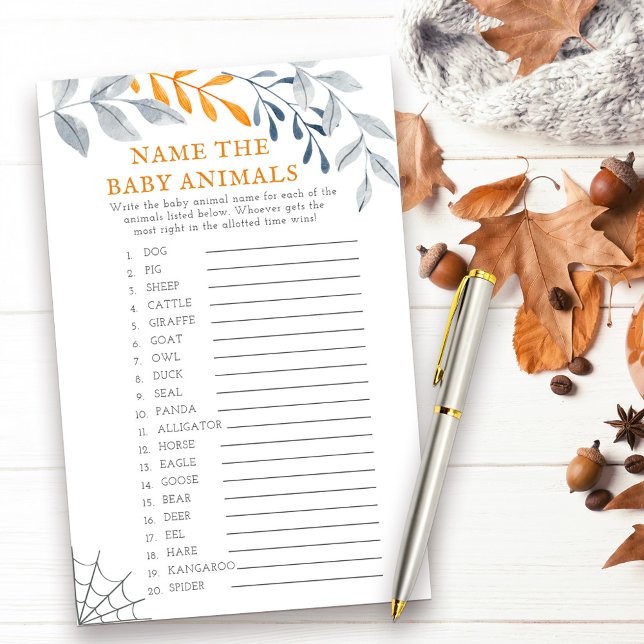 Halloween Baby Animaux Baby shower Jeu (Baby Animals halloween themed baby shower game with fall leaves and cobweb)