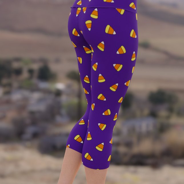 Halloween Candy Corn Motif Purple Capri Leggings (Cute candy corn capri leggings perfect for Halloween fun!)