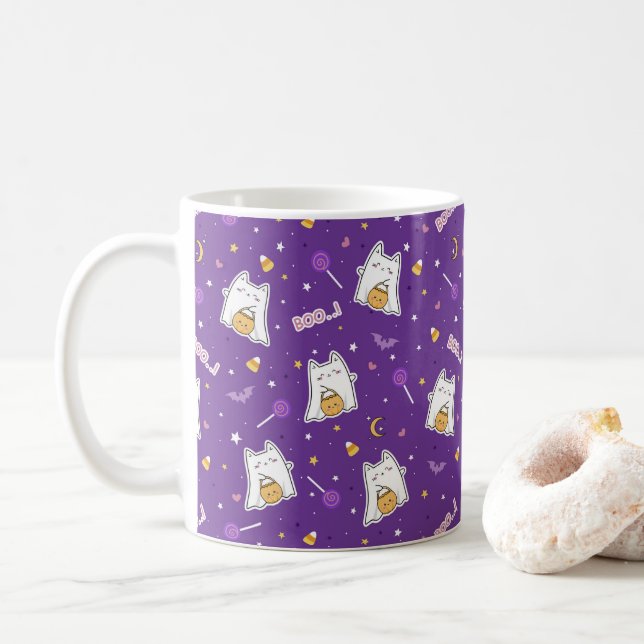 Halloween Cat Ghost Coffee Mug (Avec donut)