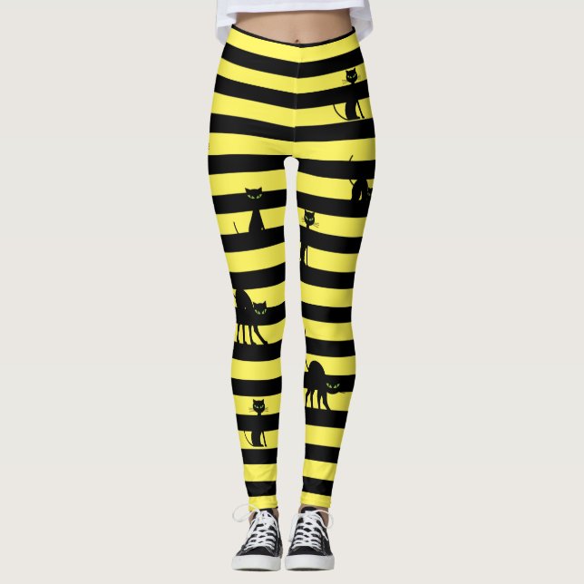 Halloween Chat noir & Bandes Leggings Jaune (Devant)
