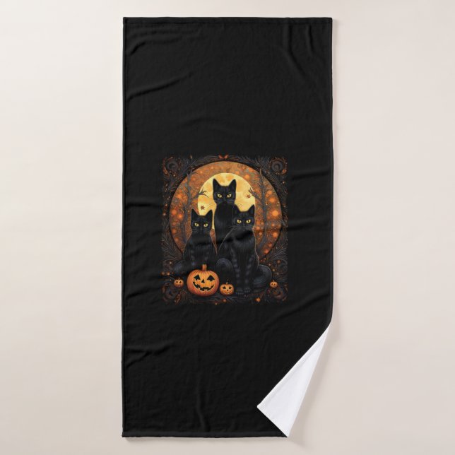 Halloween Chat noir Van Gogh Witch Kawaii Citrouil (Serviette de bain)