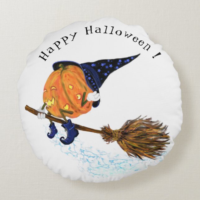 Halloween Coussin rond sorcière Citrouille Volant  (Dos)