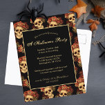 Halloween crâne gothique Invitation de la partie n<br><div class="desc">Cette carte postale gothique d'invitation à Halloween présente un motif de crânes déplaisants flottant dans un abîme noir derrière votre invitation. Chaque crâne éffrayant est orné de roses rouges. Leurs yeux vides d'âme sont fortement contrastés contre la couronne rose goth et les bouquets de fleurs mortes.</div>