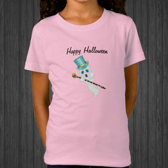 Halloween Fantôme Funny Visage Bleu Haut Chapeau C (Silly floating ghost blue top hat fancy black cane skull on top on Happy Halloween kids tee shirt.)