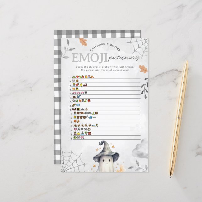 Halloween Ghost Emoji Pictionary Baby shower jeu (Devant/Arrière en situation)