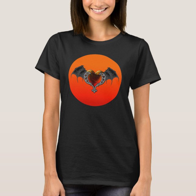 Halloween Goth Orange Heart & Bat Wings TShirt (Devant)