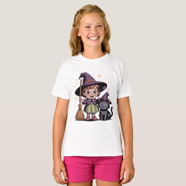 Halloween Kids Witch Girl Cat T-Shirt (Devant entier)