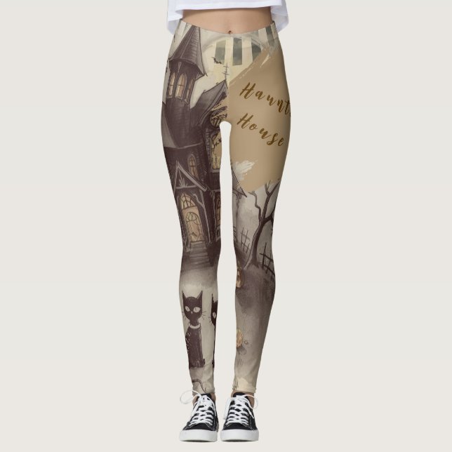 Halloween, Maison Hantée , Chat Noir Leggings (Devant)