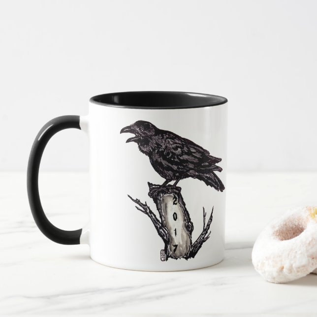 Halloween noir et blanc raven Mug Personnaliser la (Avec donut)